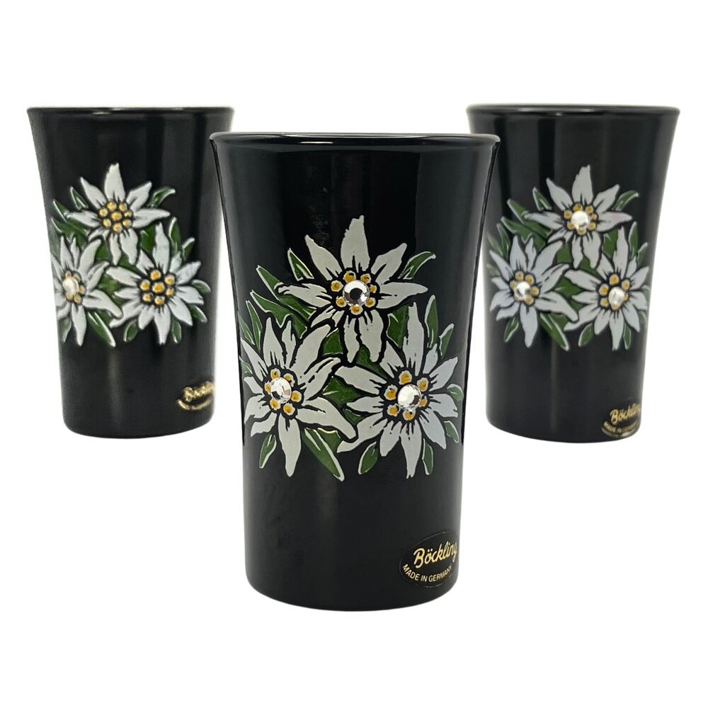 Vintage Böckling German Set 3 Schnapps Shot Glasses Edelweiss Alpine Rhinestones